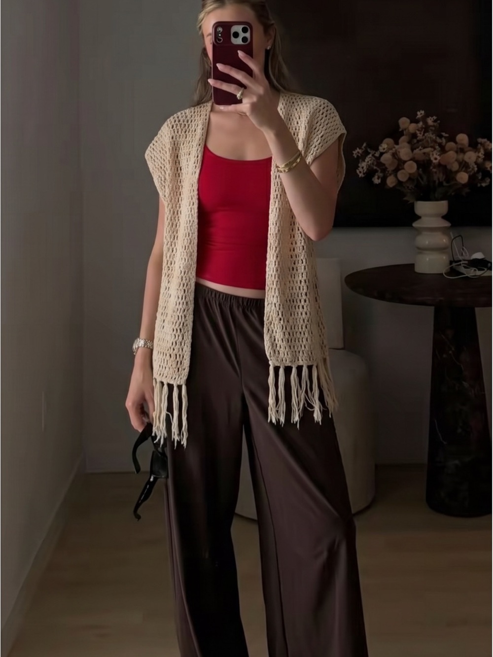 100% Cotton Dex Crochet Fringe Open Vest Cardigan - Medium